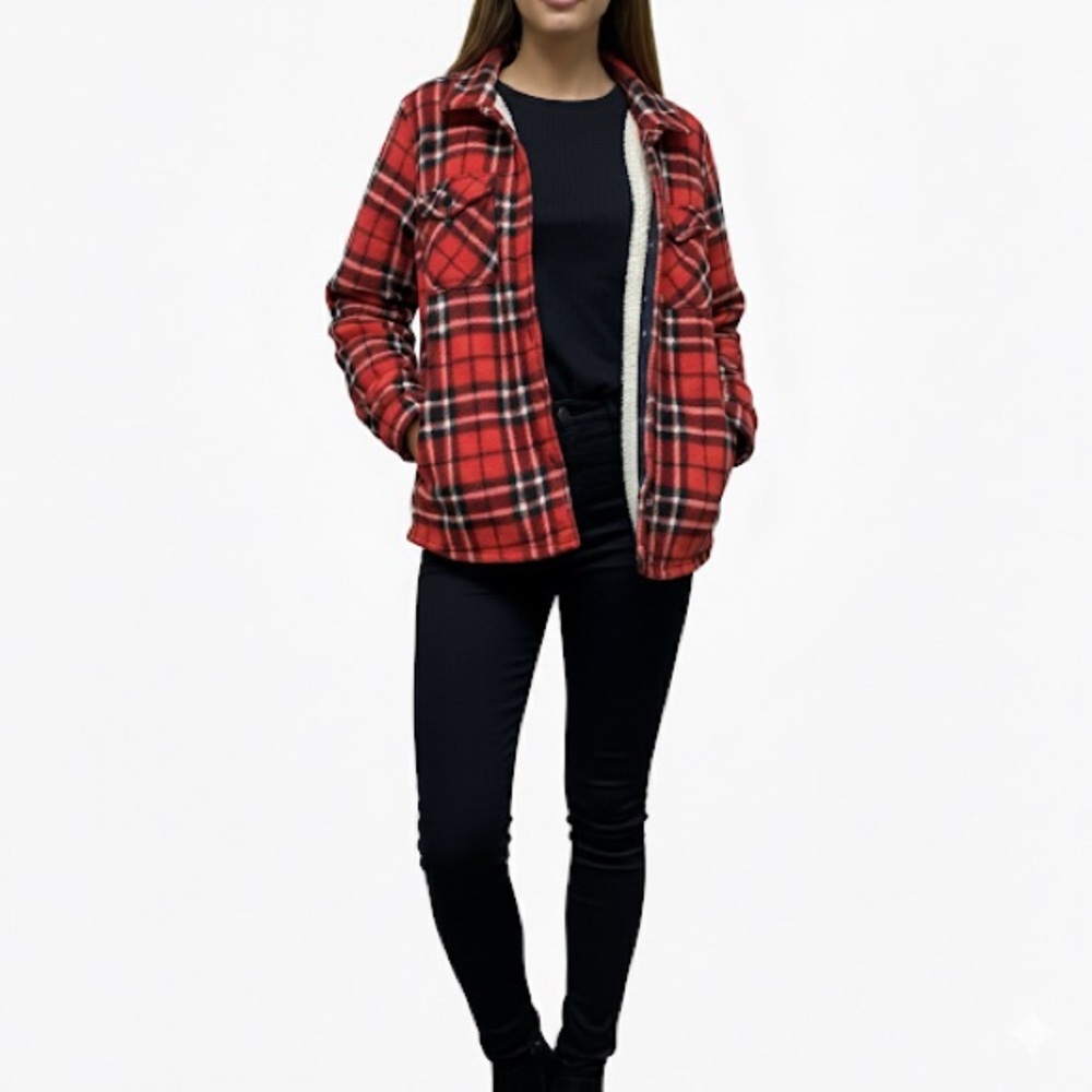 Soho Red Black Flannel Plaid Shacket Sherpa Lined Jacket Cozy Rugged XL